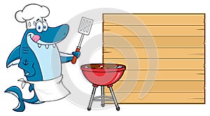 Chef Blue Shark Cartoon Mascot Character Licking His Lips And Holding A Spatula By A Barbeque With Roasted Burgers To Wooden Blank