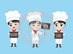 Chef boy hold signage for restaurant. photo