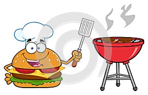 Chef Burger Cartoon Mascot Character Holding A Slotted Spatula By A Barbecue