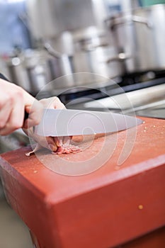 Chef or butcher dicing meat