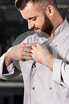 Chef button uniform at kitchen restaurant. Bearded chef at uniform.