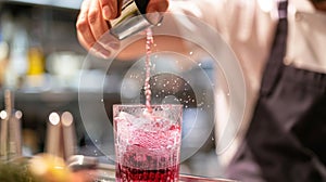 A chef carefully crafting a sparkling elderberry cocktail showcasing the potential for incorporating elderberry into