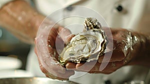 A chef carefully shucks a plump oyster revealing its iridescent pearly insides photo