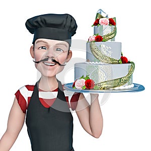 Chef cartoon holding a weding cake with smile in a white background