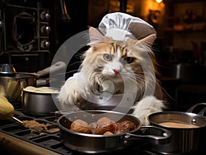 Chef cat with pot in play kitchen
