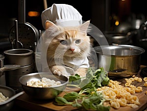 Chef cat with pot in play kitchen