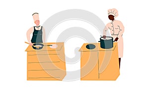 Chef Character in Apron and Toque Preparing Food at Restaurant Kitchen Vector Set