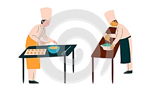 Chef Character in Apron and Toque Preparing Food at Restaurant Kitchen Vector Set