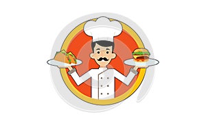 Chef character with a delicious dish and holding a blackboard as blank copy space text area vector illustration