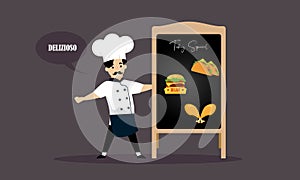 Chef character with a delicious dish and holding a blackboard as blank copy space text area vector illustration