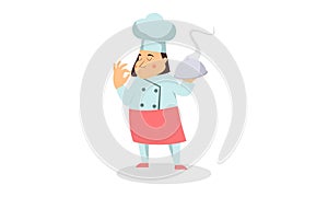 Chef character with a delicious dish and holding a blackboard as blank copy space text area vector illustration