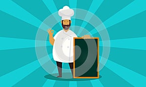 Chef character with a delicious dish and holding a blackboard as blank copy space text area vector illustration