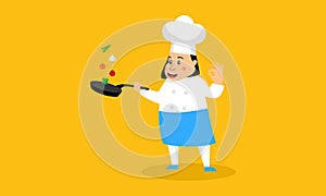 Chef character with a delicious dish and holding a blackboard as blank copy space text area vector illustration