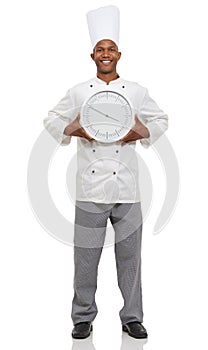 Chef, clock and portrait of happy black man with time, speed or deadline isolated on a white studio background. Smile