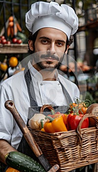 Chef collecting freshly harvested vegetables on a rural farm for cooking purposes