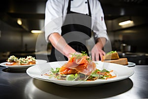chef in a commercial kitchen plate up bruschetta with smoked salmon
