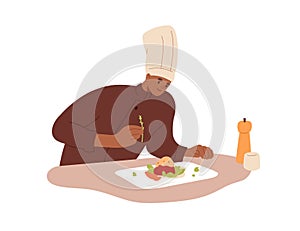 Chef cook adding condiment to restaurant dish. Professional cooking, preparing meal, decorating food with seasoning