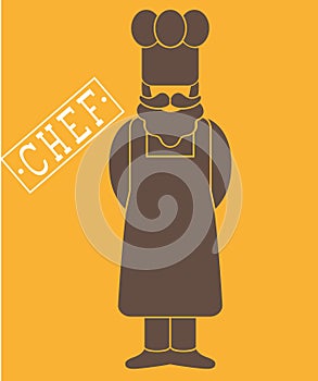 Chef cook/baker flat icon - a man with a mustache a beard wearing an apron and chef`s hat. Template for card, poster, banner, wed-