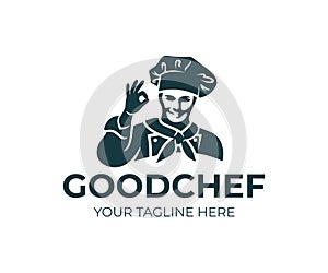 Chef or cook in cap and shows gesture okay, logo design. Kitchen, restaurant, snack bar, gastronomy and cooking food, vector desig