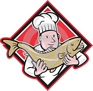 Chef Cook Handling Salmon Trout Fish Cartoon