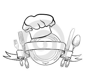 Chef cook hat with fork, spoon and knife sketch label