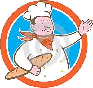Chef Cook Holding Baguette Circle Cartoon