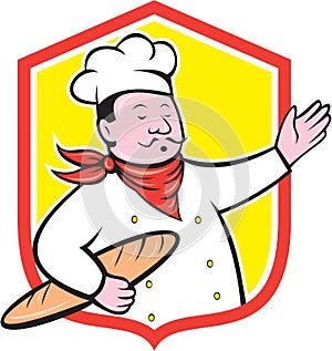 Chef Cook Holding Baguette Shield Cartoon