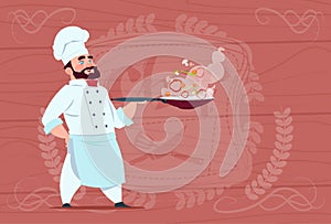 Chef Cook Holding Frying Pan With Hot Food Smiling Cartoon In White Restaurant Uniform Over Wooden Textured Background