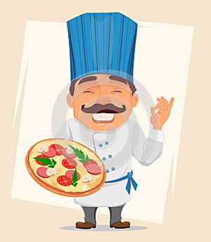 Chef Cook holding tasty pizza. Cute cartoon character, smiling cook in professional uniform and blue hat.