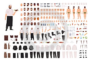 Chef, cook or kitchen worker creation set or DIY kit. Collection of body parts, facial expressions, postures, clothing