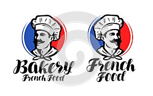 Chef, cook logo. French food, bakery symbol or label. Vector illustration typographic design