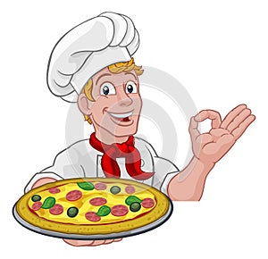 Chef Cook Man Cartoon Holding A Pizza