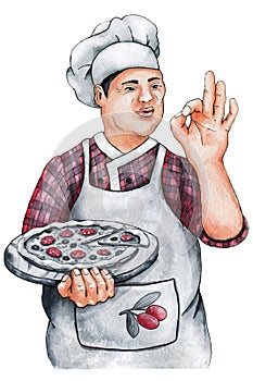 Chef cook man with pizza in his hands, shows fingers delicious. Hand drawn watercolor illustration isolated on white