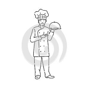 Chef cook man in professional uniform with dish in hand. Line art style character vector black white isolated