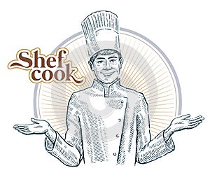 Chef cook portrait in a frame, drawn in the engraving style.