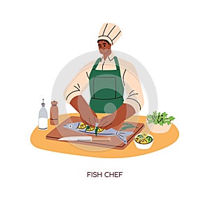 Chef cook preparing fish. Kitchen worker in hat cooking sea food, gourmet dish, meal. Culinary professional making