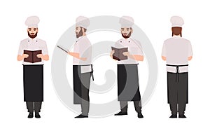 Chef, cook or restaurant worker wearing uniform and toque reading recipe or culinary book. Male cartoon character