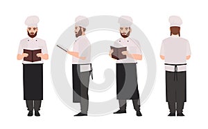 Chef, cook or restaurant worker wearing uniform and toque reading recipe or culinary book. Male cartoon character photo
