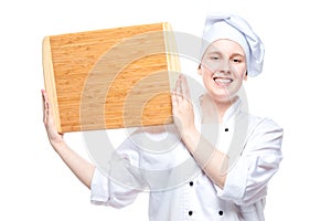 chef cook with wooden cutting board posing on a white background