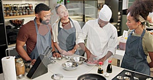 Chef, cooking and class in kitchen of restaurant or culinary for meal, experience or teaching. Professional, students
