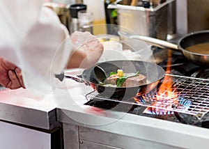 Chef cooking with flame in a frying pan on a kitchen stove