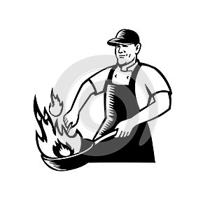 Chef Cooking Flaming Pan Black and White