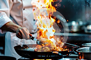 A chef is cooking food in a pan with a lot of fire