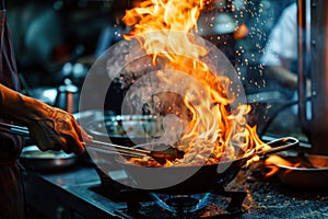 A chef is cooking food in a pan with a lot of fire