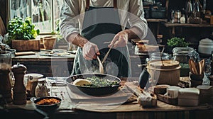 Chef cooking with fresh ingredients in a rustic kitchen