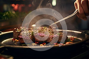 Chef cooking fresh steak tasty beef meat steaming generated by AI