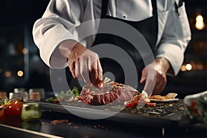 Chef cooking fresh steak tasty meat generated by AI