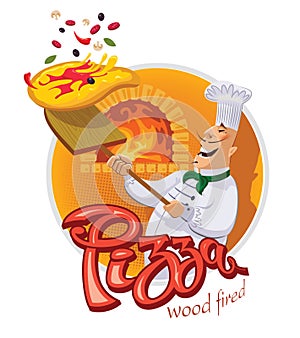 Chef cooking a pizza and throws a shovel