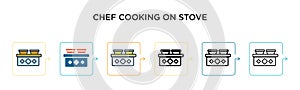 Chef cooking on stove vector icon in 6 different modern styles. Black, two colored chef cooking on stove icons designed in filled