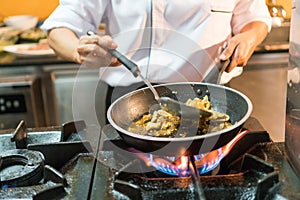 Chef Cooking Thai Food Cuisine in Skillet over Flames on Gas Stove